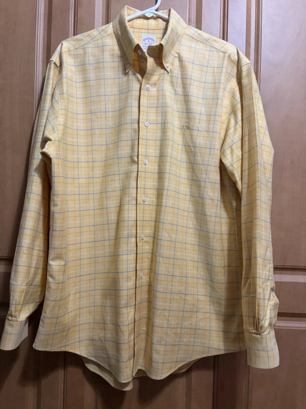Brooks Brothers Shirt Mens Medium Yellow Blue Plaid Non Iron Cotton Button Down